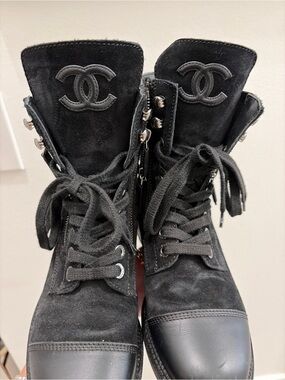 CHANEL Black Suede & Leather Lace-Up Combat Boots